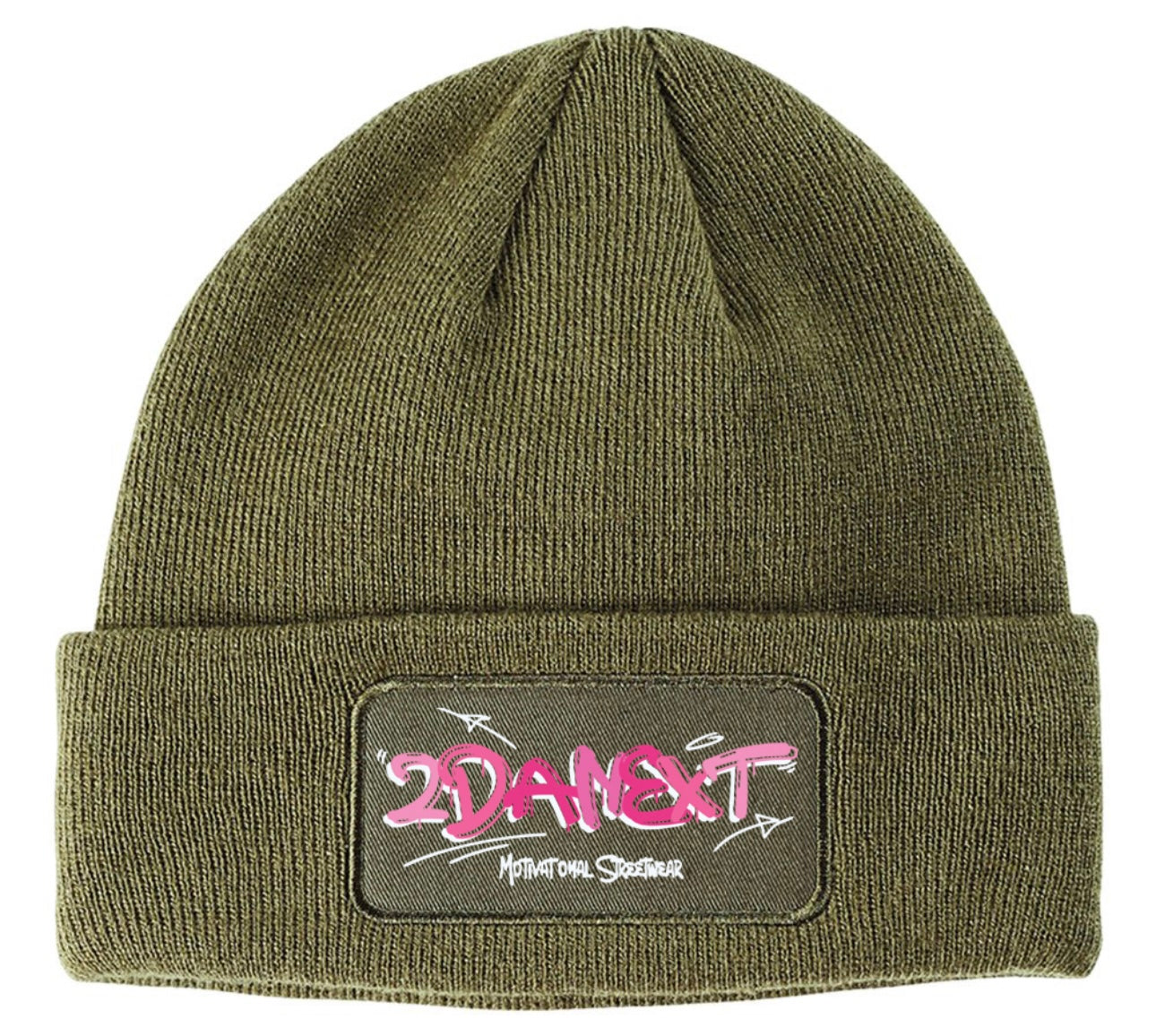 2DaNext Olive Beanie Pink Patch